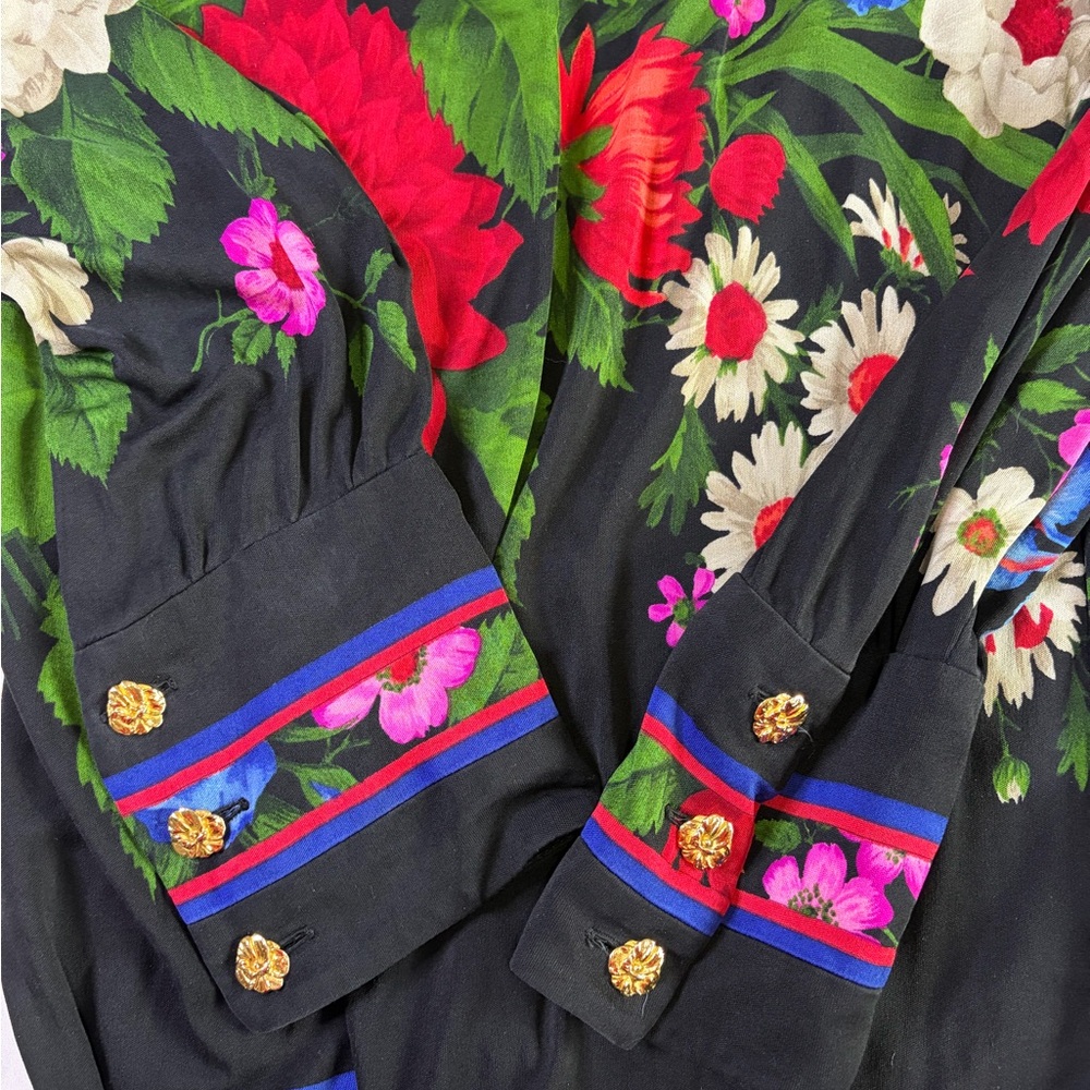 Vintage 80s 90s Leonard 100% silk jersey mikado Floral Women's Tunic Top sz L - Picture 5 of 12